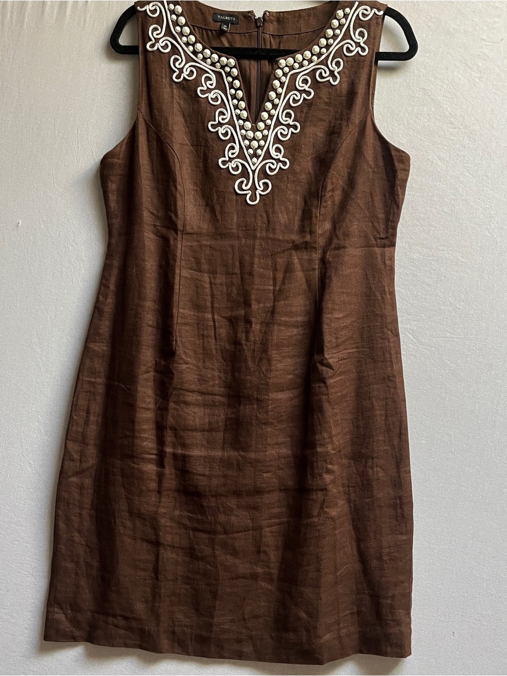 Talbots Brown 100% Linen Sheath Dress Pearl Trim Neckline 10